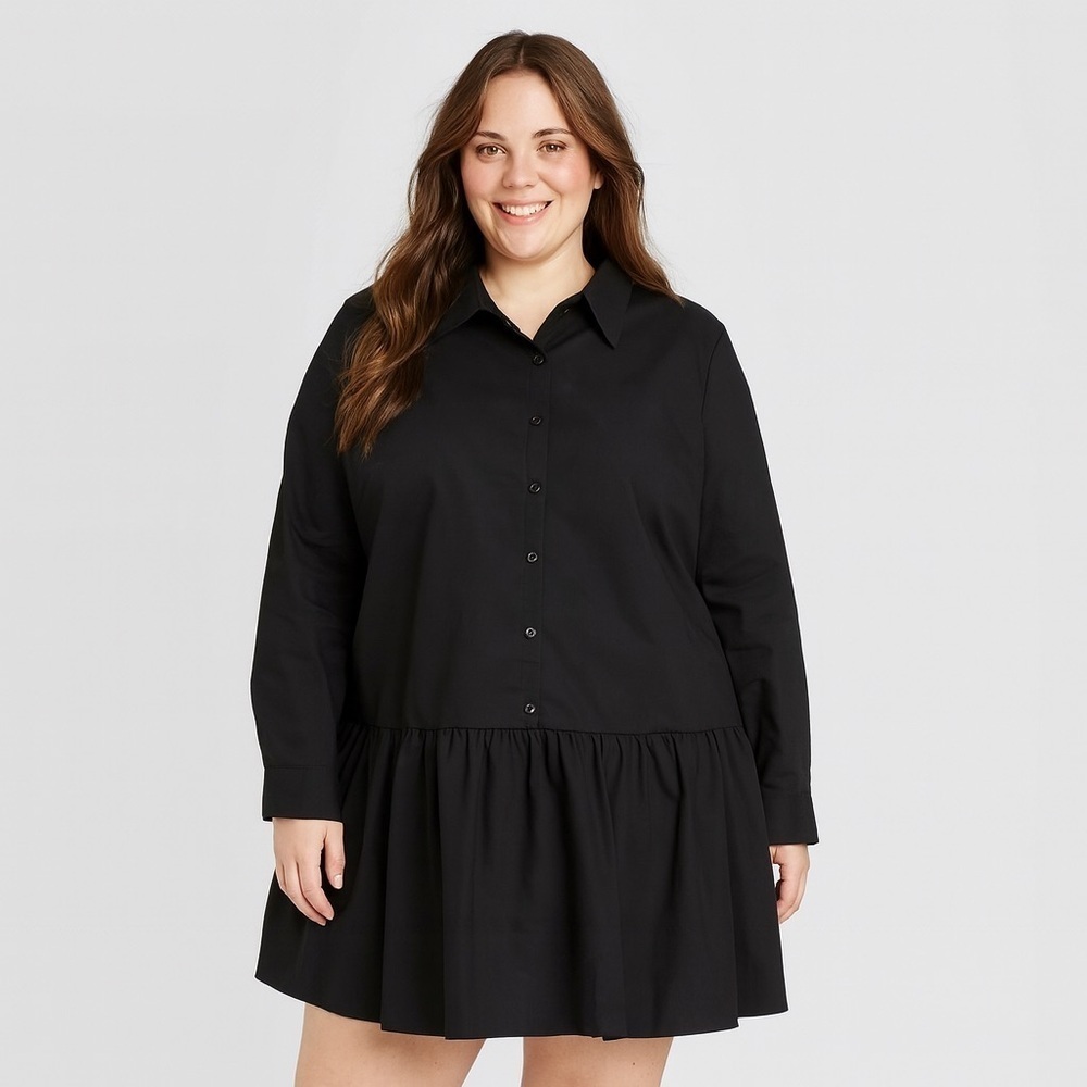 SHEIN Size 4X Black Button Front Long Sleeve Ruffle Hem Shirt Dress